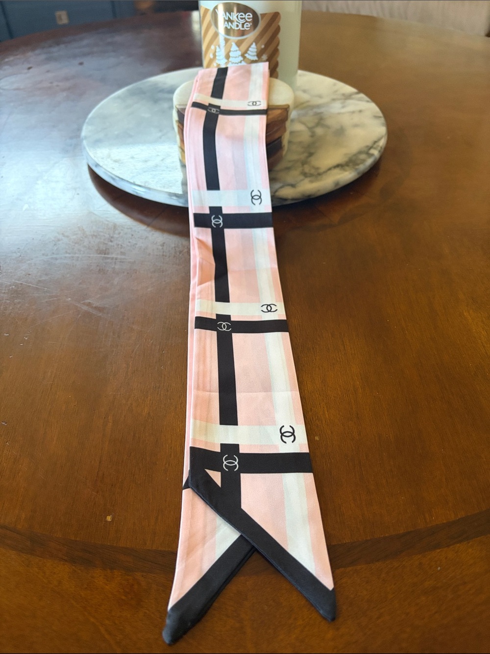 CHANEL Pink and Black Silk Skinny Scarf with Logo Grid